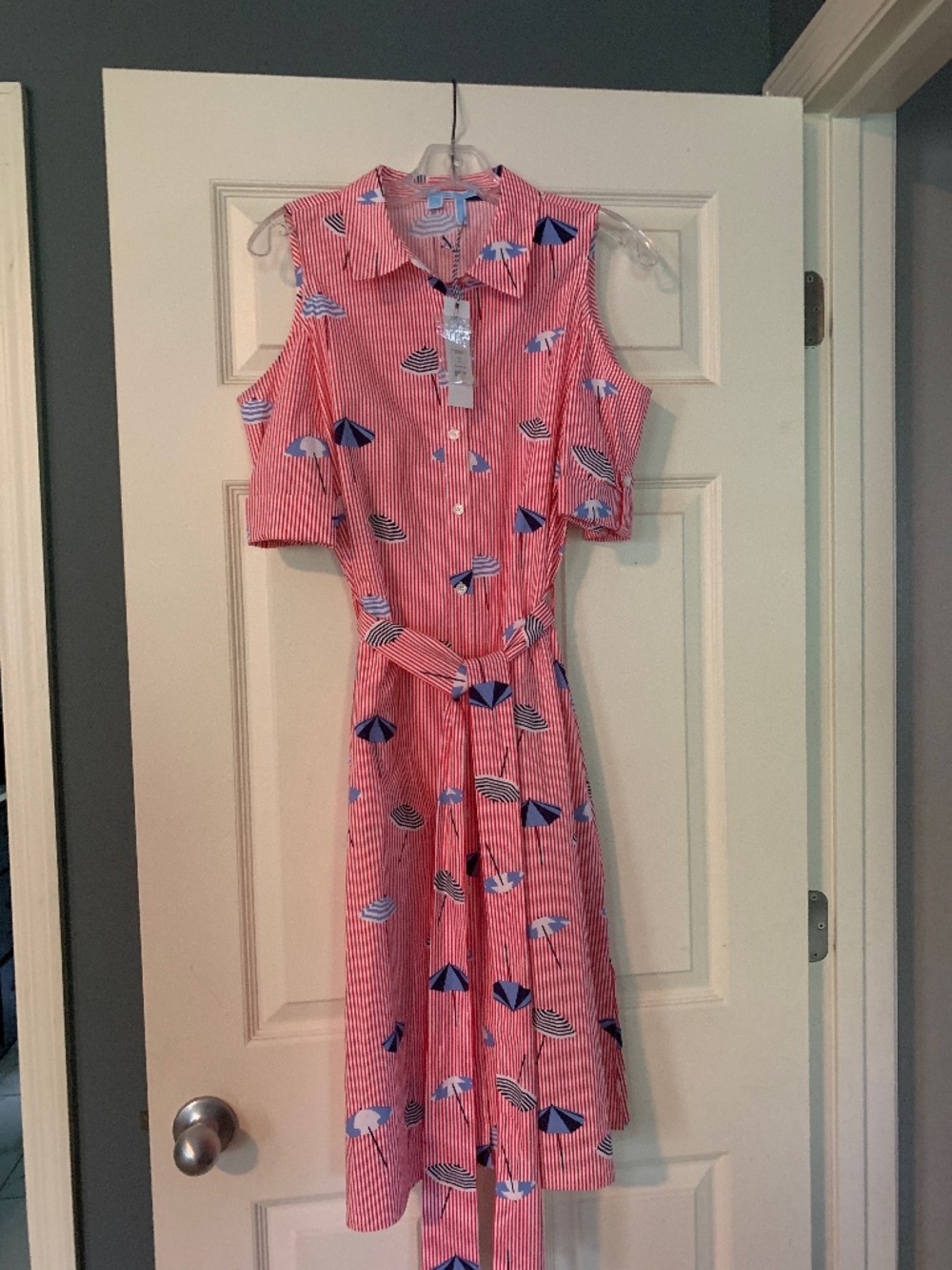 Draper James Pinstripe Umbrella Cold Shoulder Shirtdress
